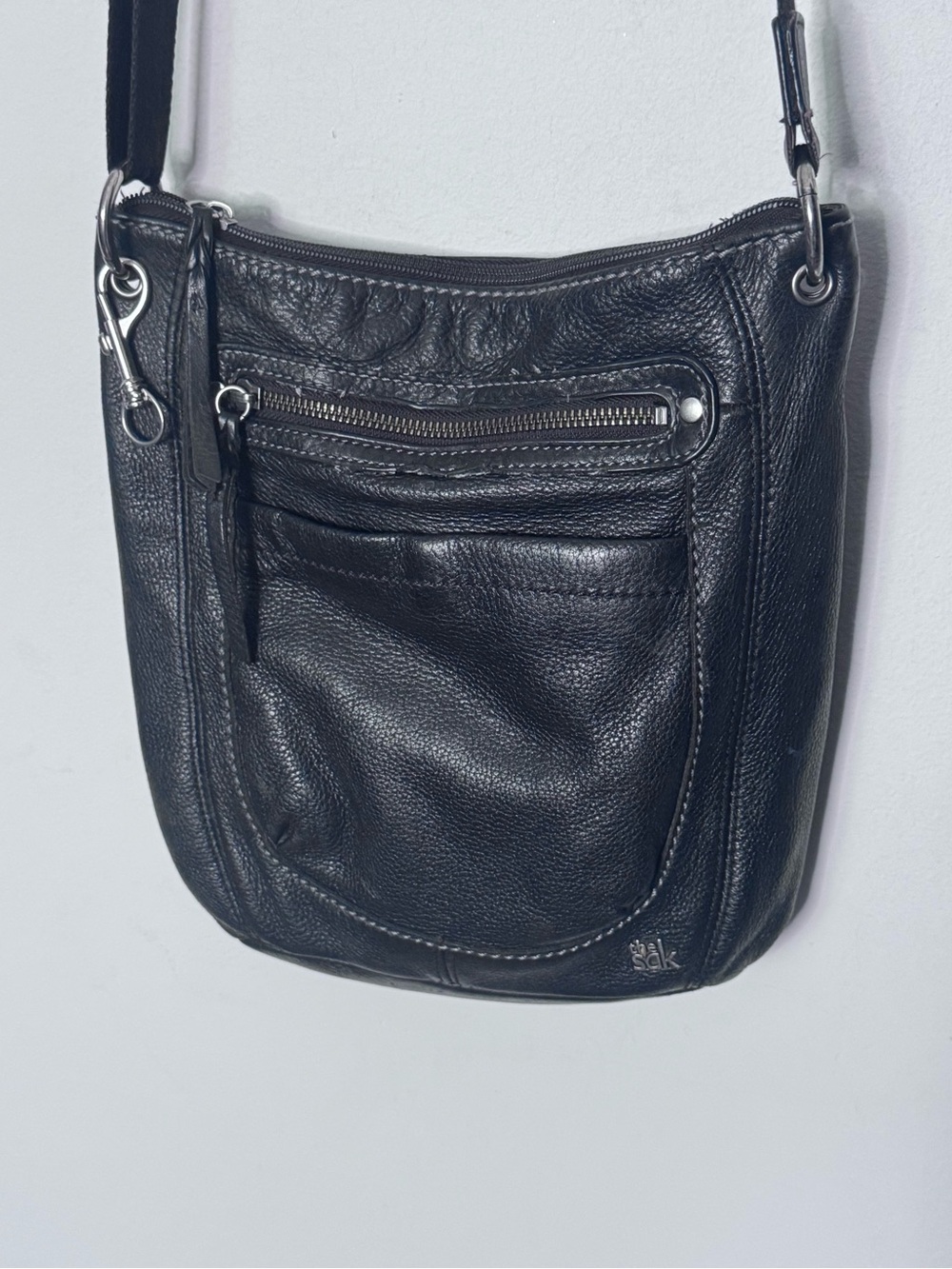 The Sak Sequoia Hobo Black Leather Crossbody with Front Zip and Pocket
